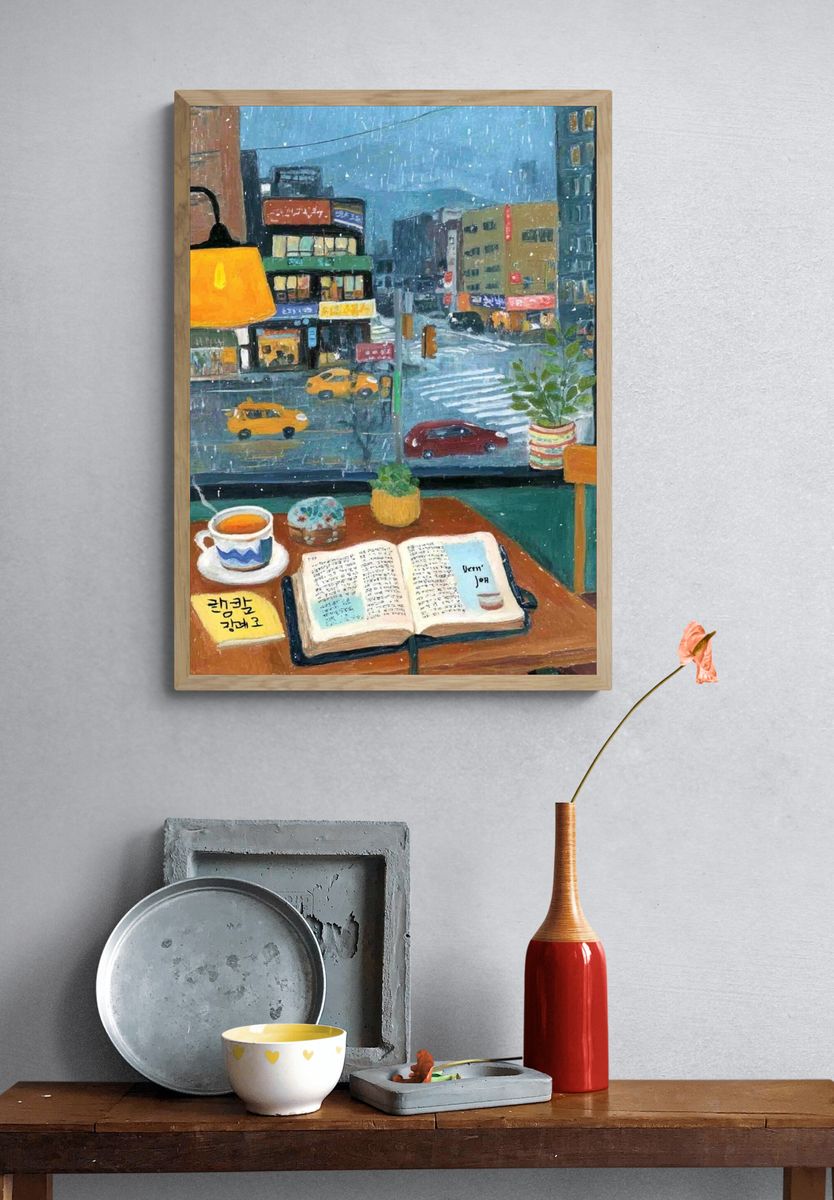 Rainy Cafe Window Illustration Poster. — room view 3