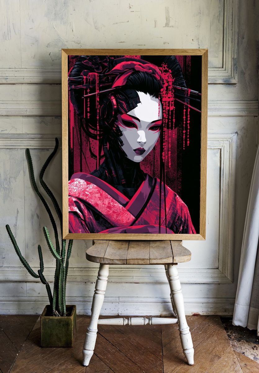 Cyber Geisha Portrait Print. room preview