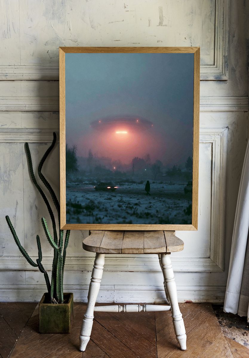 Foggy UFO Landing — Sci-Fi Print. room preview
