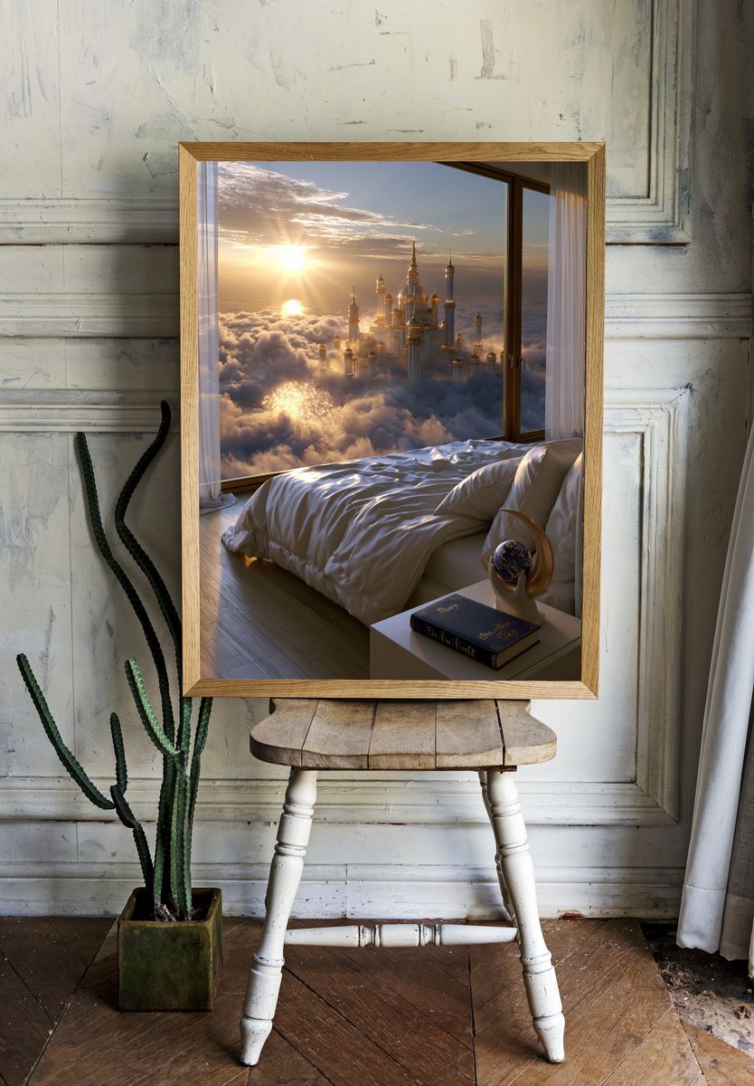 Cloud Palace Sunrise Fantasy Print. room preview