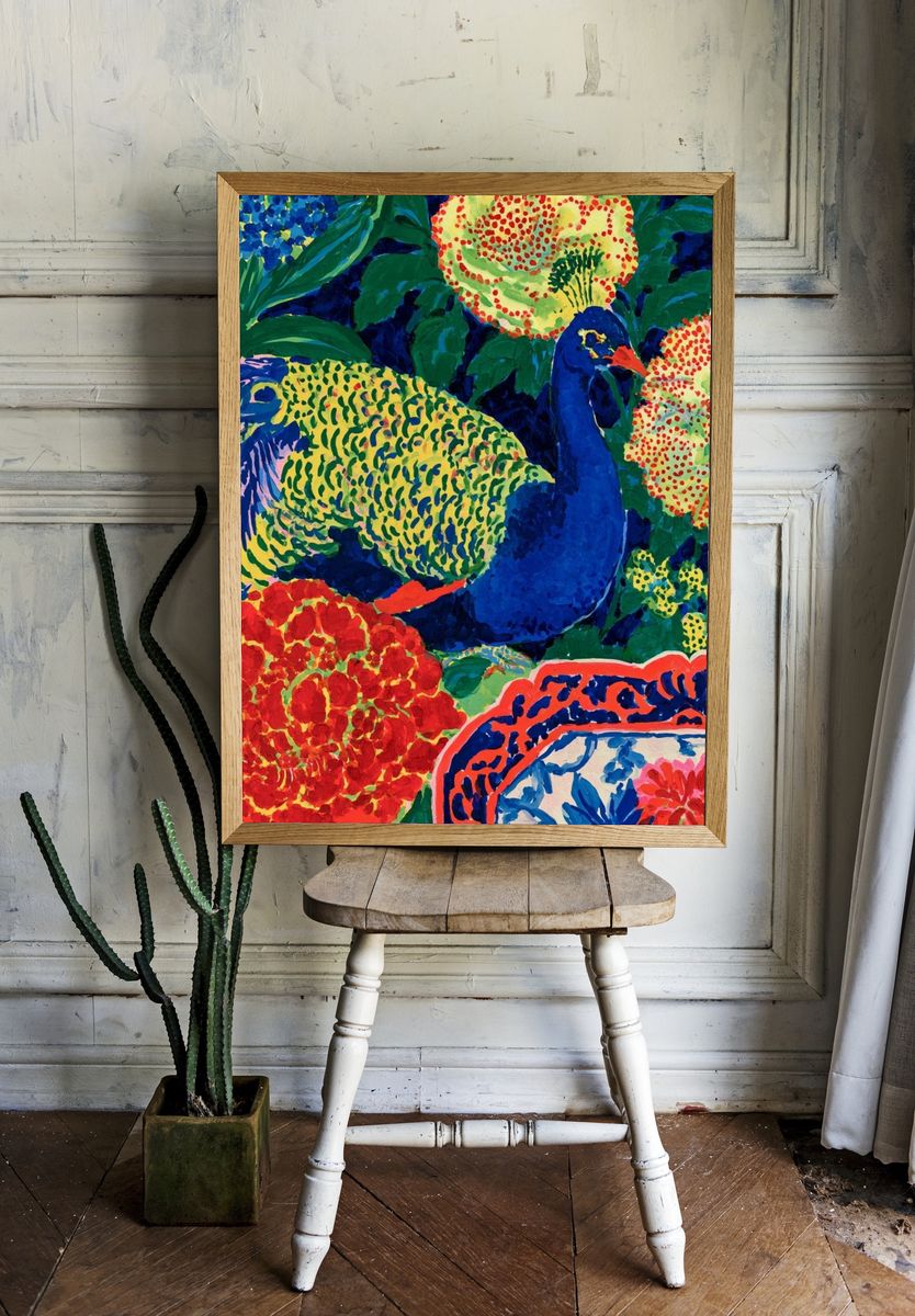 Peacock Garden Illustration Poster. room preview