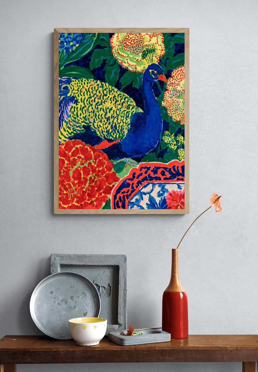 Peacock Garden Illustration Poster. — room view 3