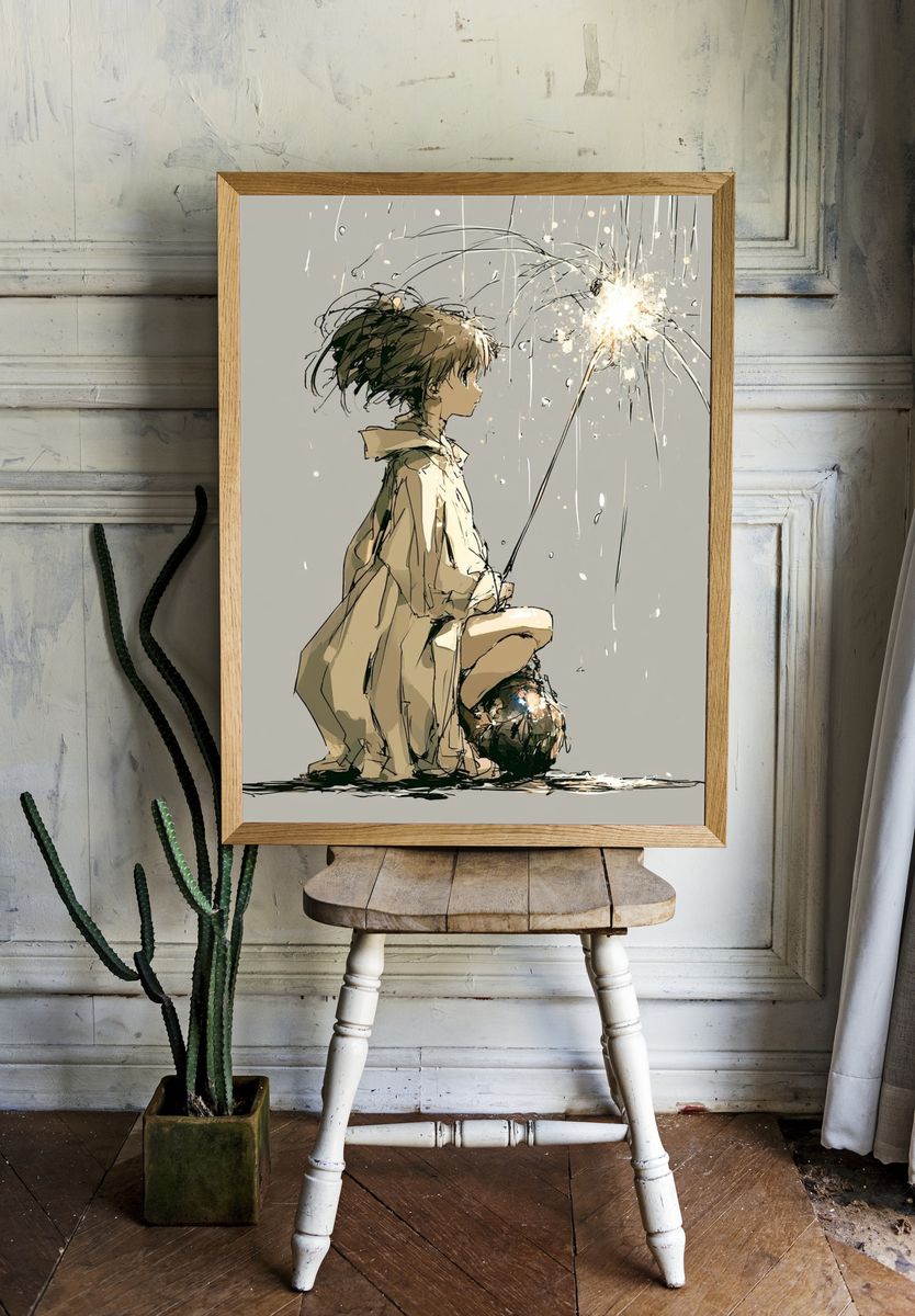 Child with Sparkler Illustration Poster. — room view 1