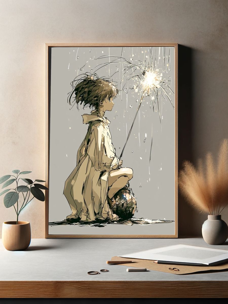 Child with Sparkler Illustration Poster. — room view 2
