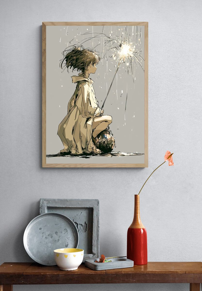 Child with Sparkler Illustration Poster. — room view 3