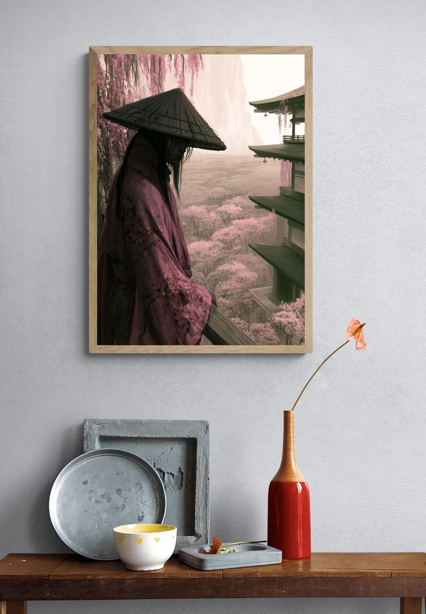 Cherry Blossom Samurai Illustration Poster. — room view 3