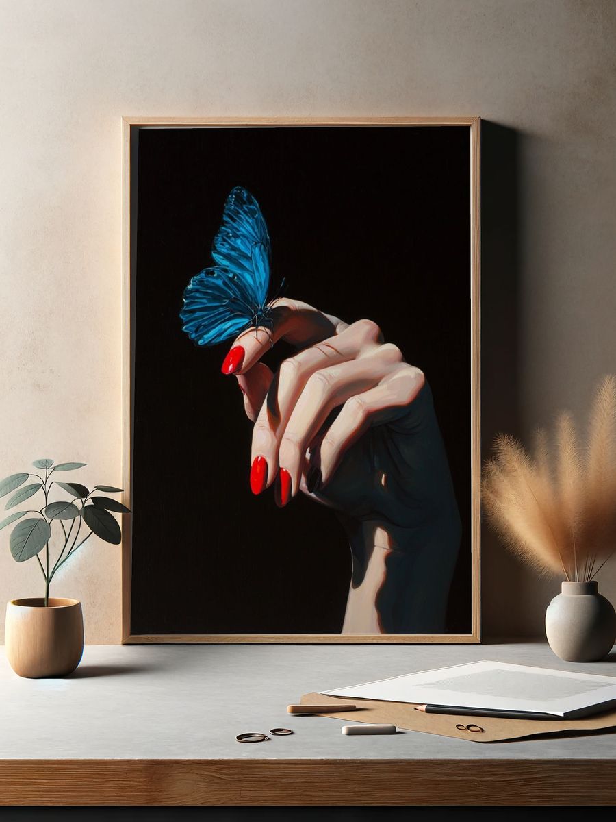 Blue Butterfly Hand Illustration Poster. — room view 2