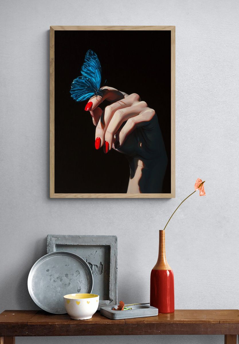 Blue Butterfly Hand Illustration Poster. — room view 3
