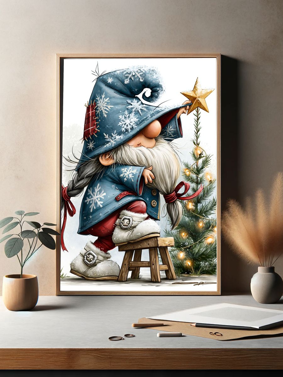 Christmas Gnome with Star Illustration Poster. — room view 2