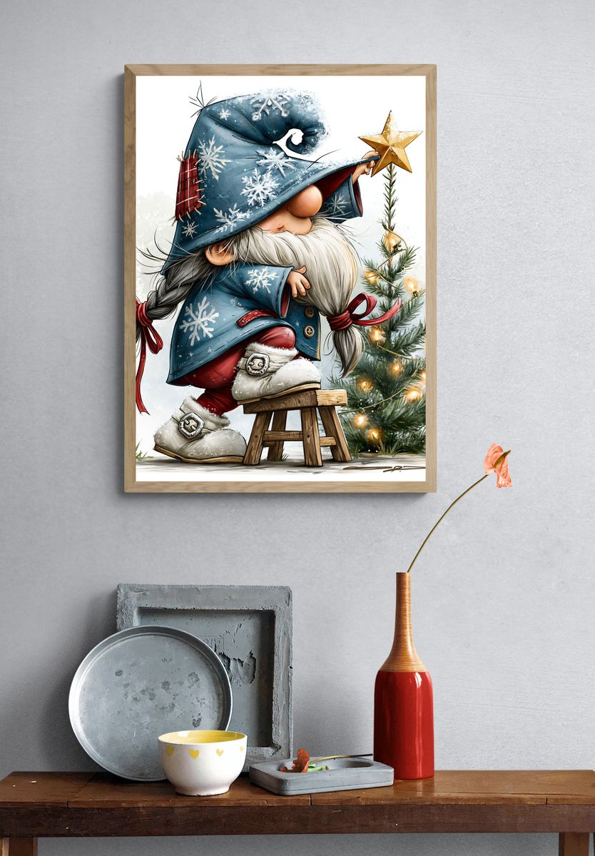 Christmas Gnome with Star Illustration Poster. — room view 3