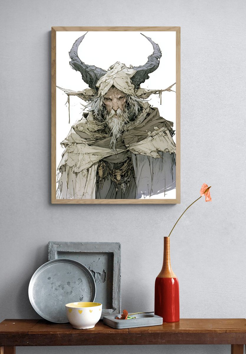 Horned Elder Fantasy Illustration Poster. — room view 3