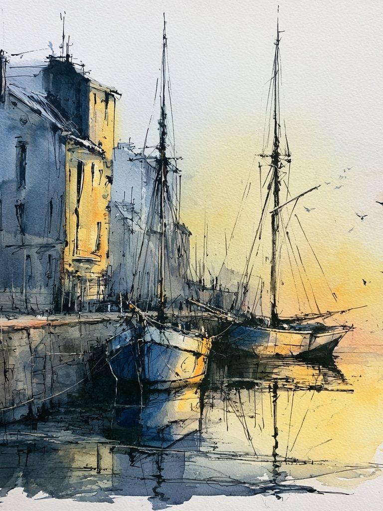 Harbor Boats Watercolor Poster. poster — illustration art