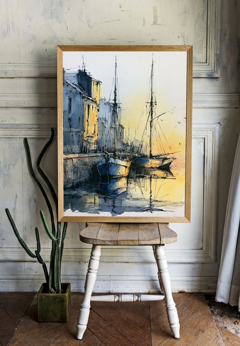 Harbor Boats Watercolor Poster. — room view 1
