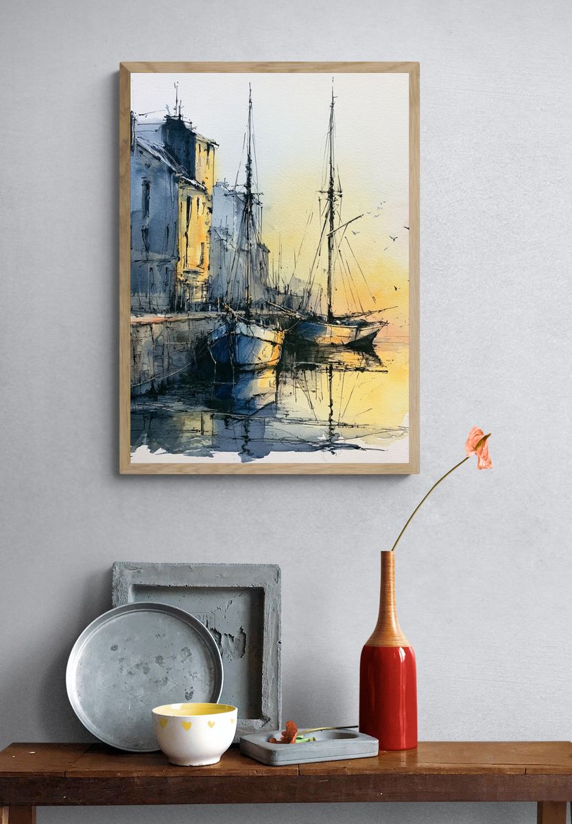 Harbor Boats Watercolor Poster. — room view 3