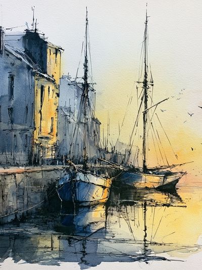 Harbor Boats Watercolor Poster.