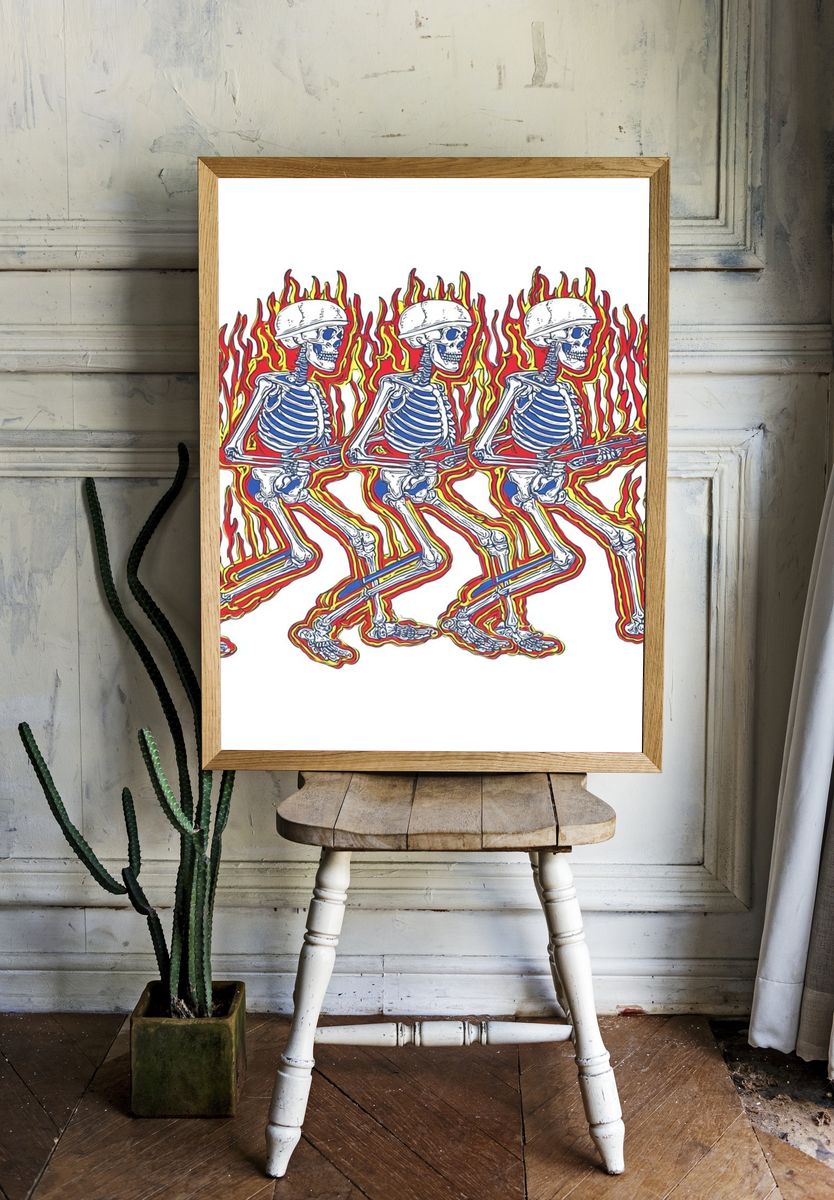 Flaming Skeleton Trio Illustration Poster. — room view 1