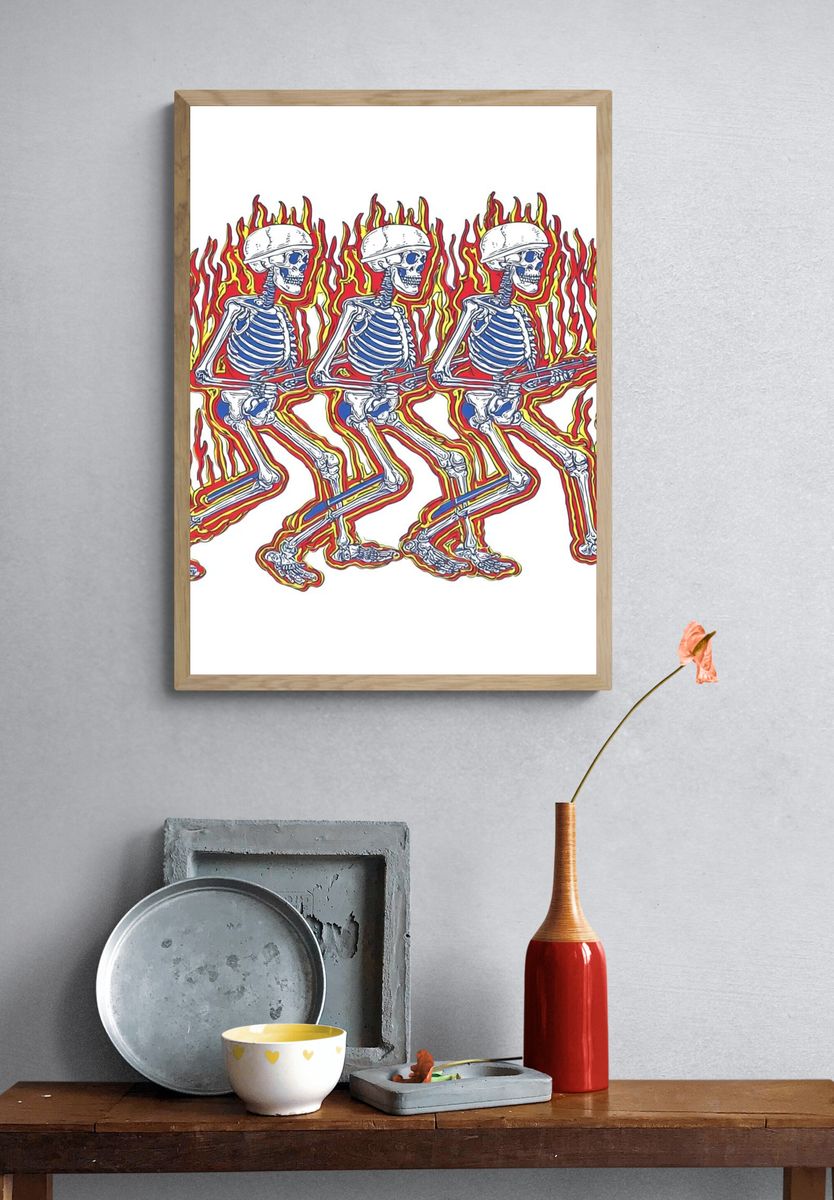 Flaming Skeleton Trio Illustration Poster. — room view 3