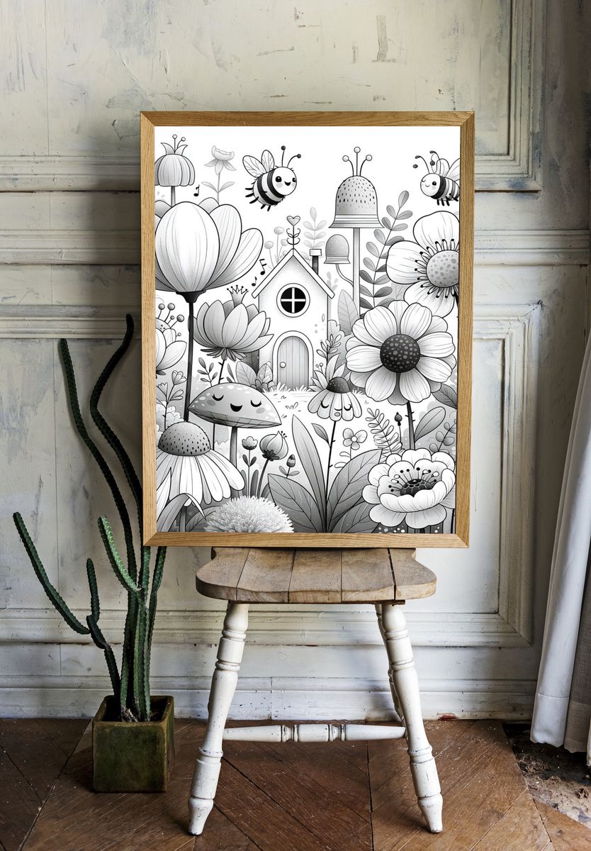 Whimsical Garden Bees Illustration Poster. room preview