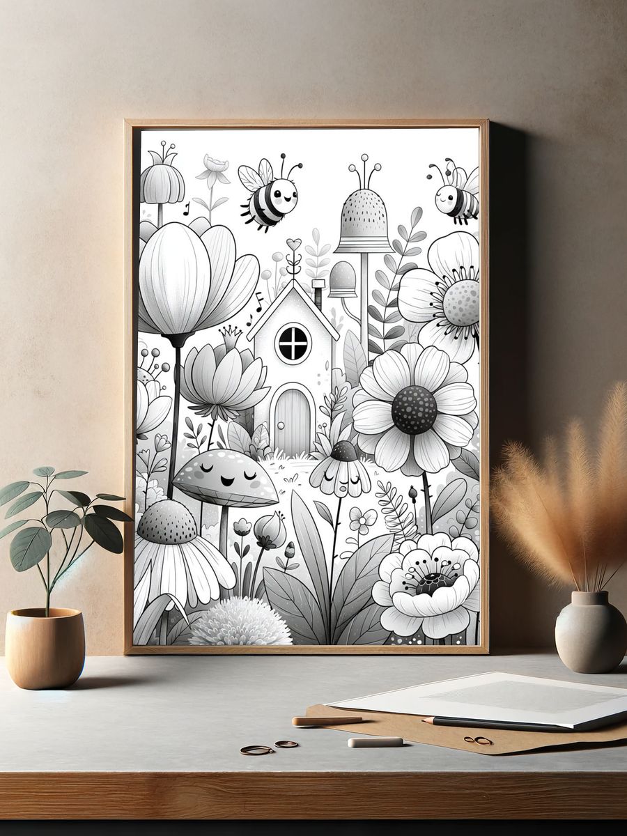 Whimsical Garden Bees Illustration Poster. — room view 2