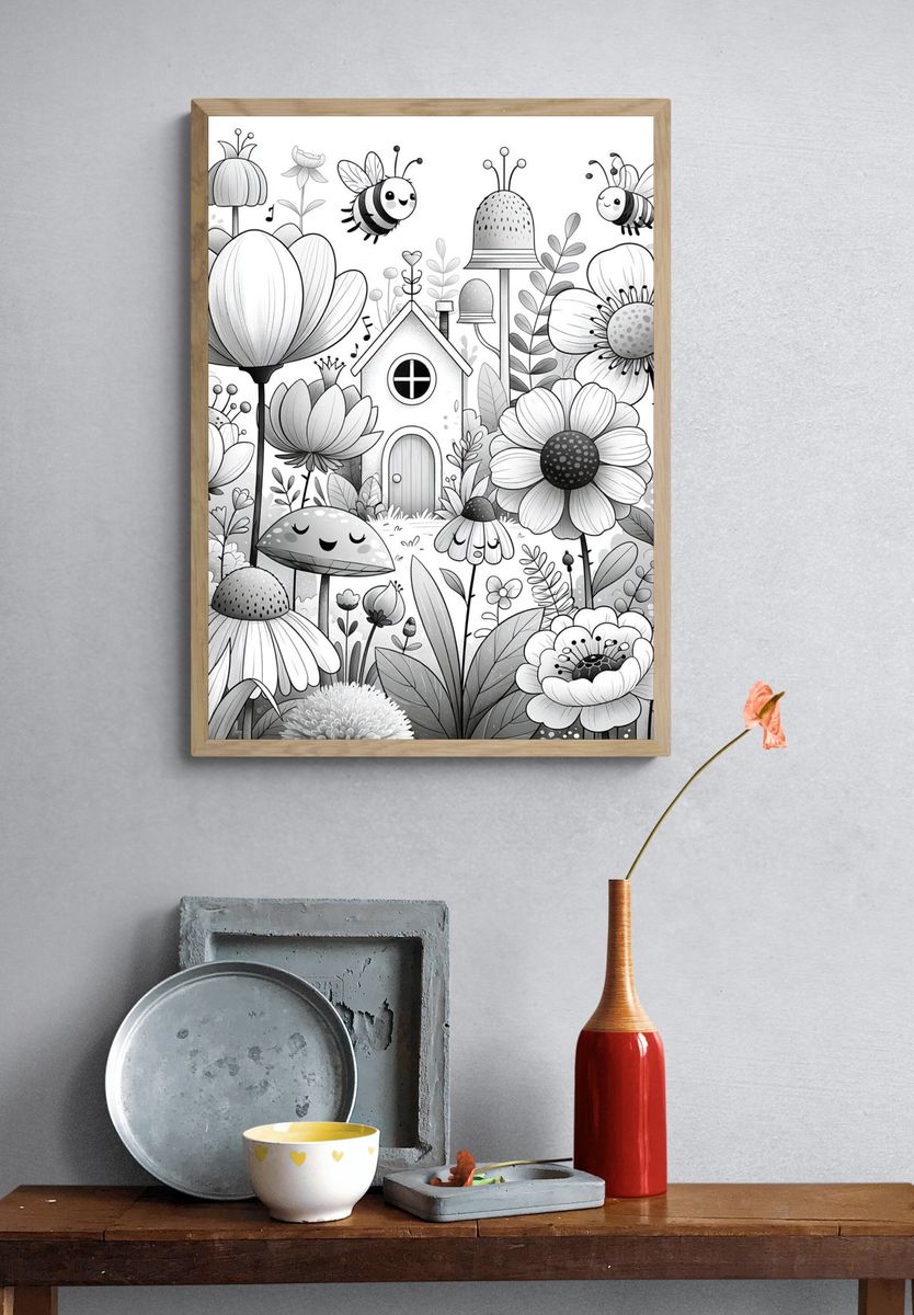 Whimsical Garden Bees Illustration Poster. — room view 3