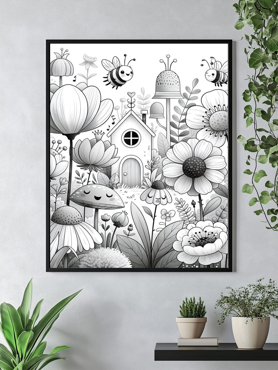 Whimsical Garden Bees Illustration Poster. — room view 4