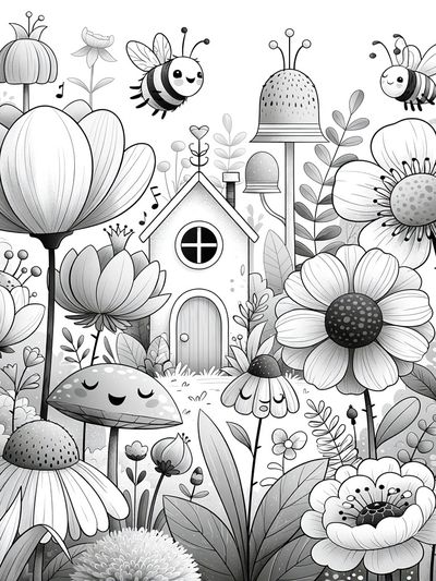 Whimsical Garden Bees Illustration Poster.