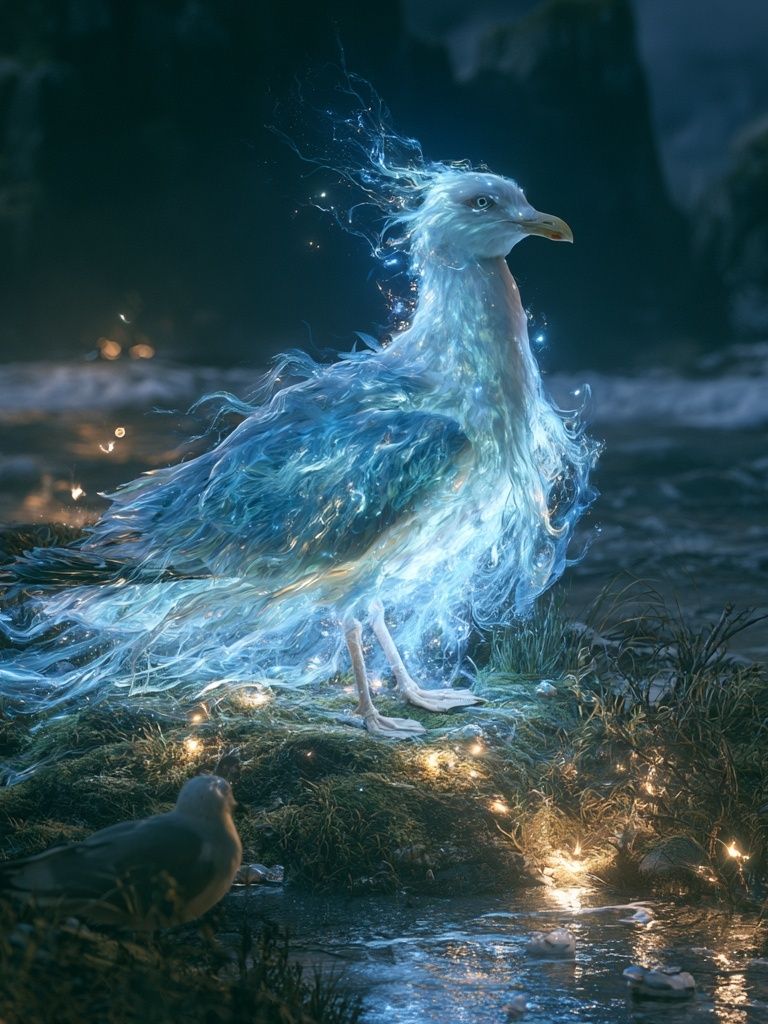 Glowing Seagull Fantasy Illustration Poster. poster detail