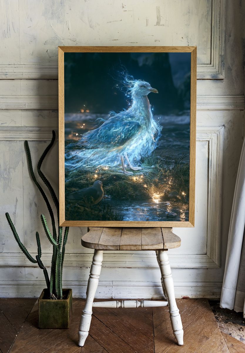 Glowing Seagull Fantasy Illustration Poster. room preview