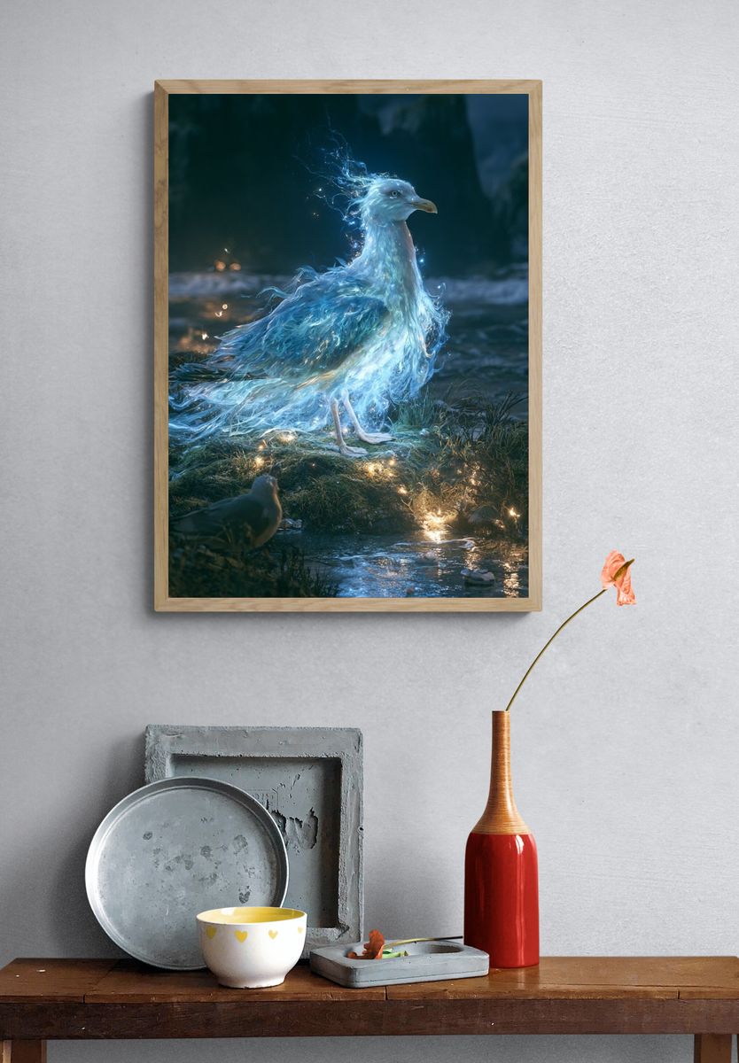 Glowing Seagull Fantasy Illustration Poster. — room view 3