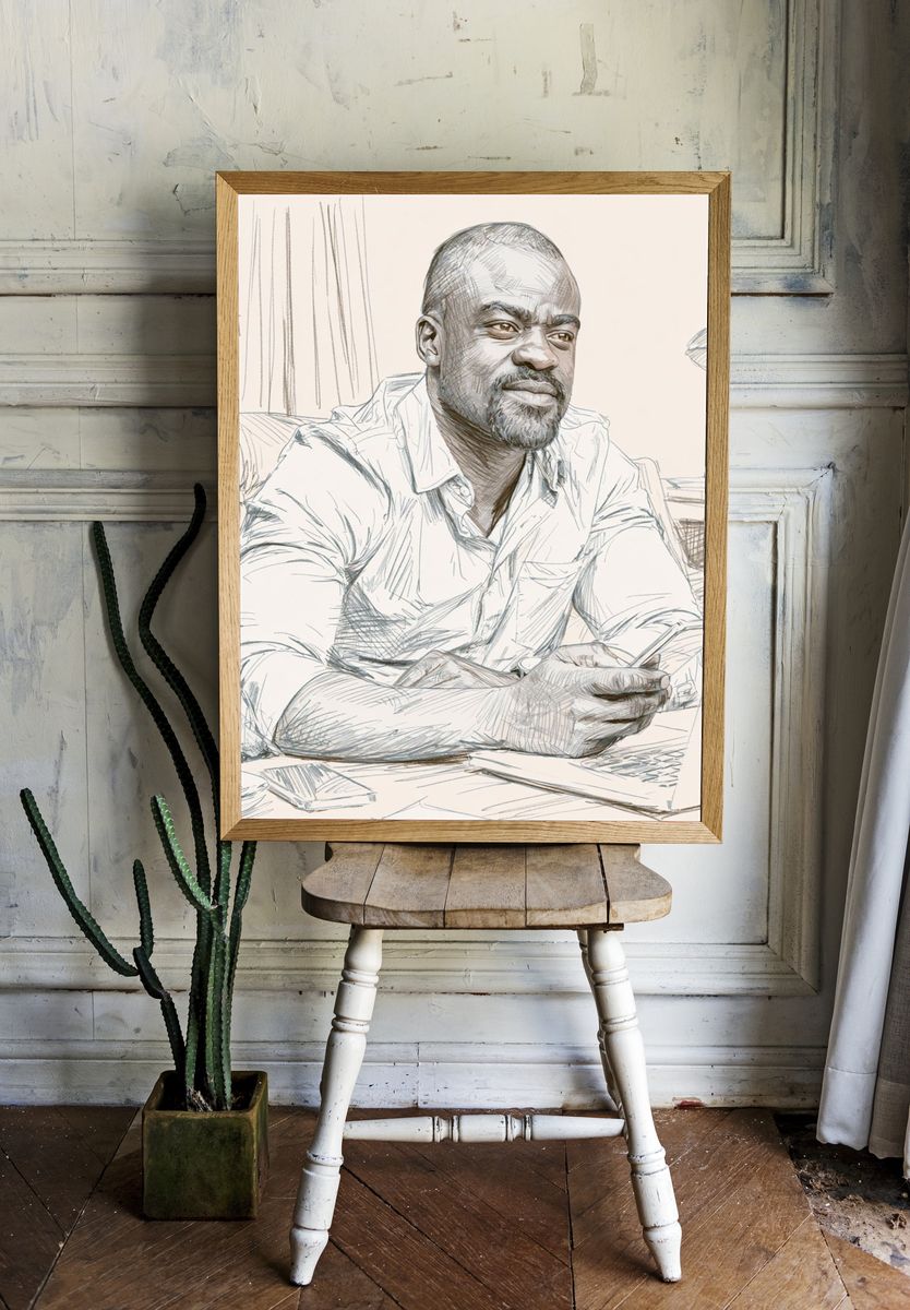 Contemplative Man Sketch Portrait Print. — room view 1