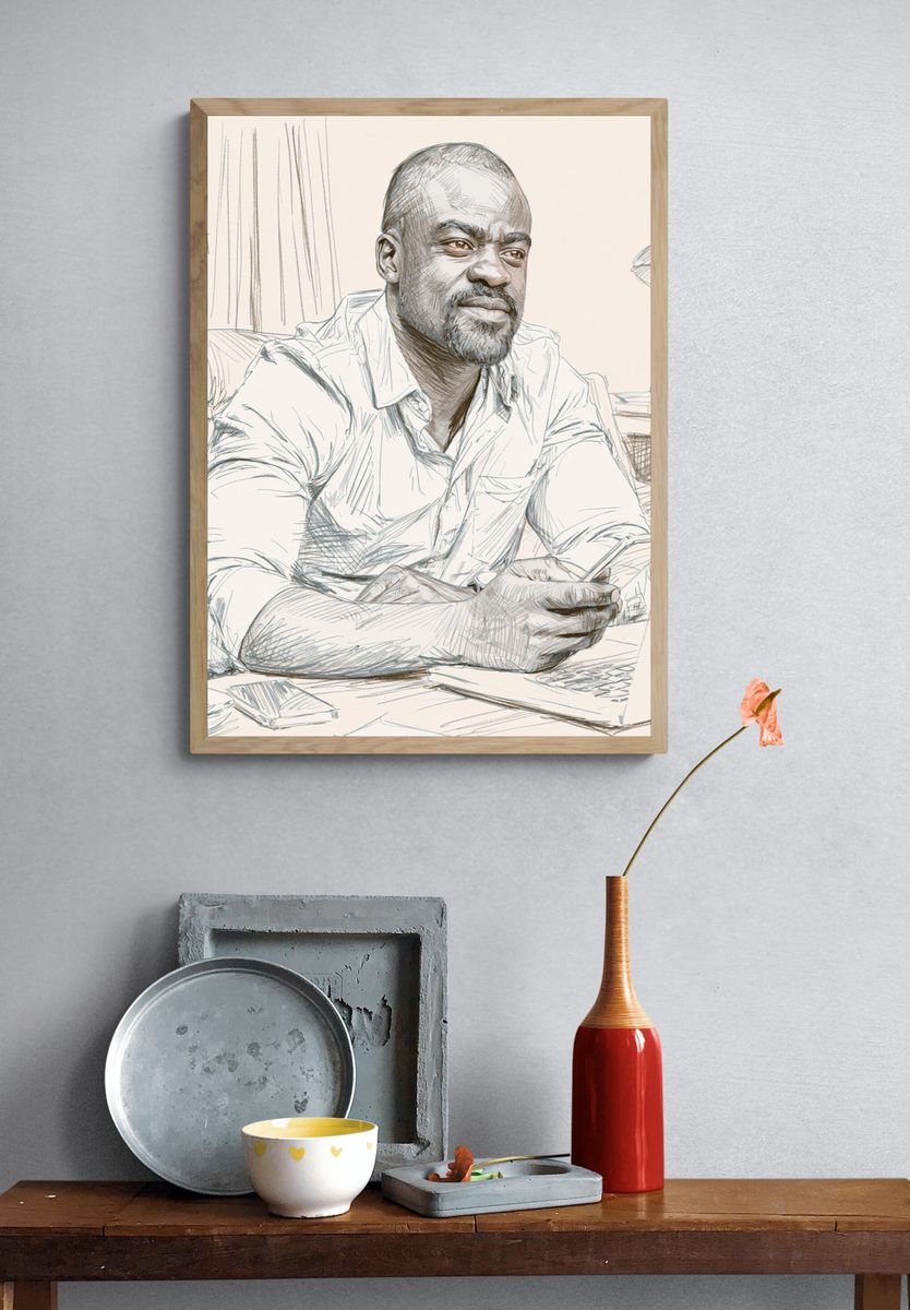 Contemplative Man Sketch Portrait Print. — room view 3