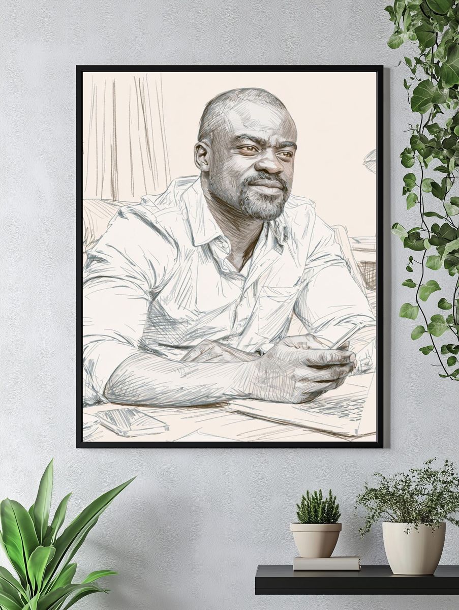 Contemplative Man Sketch Portrait Print. — room view 4