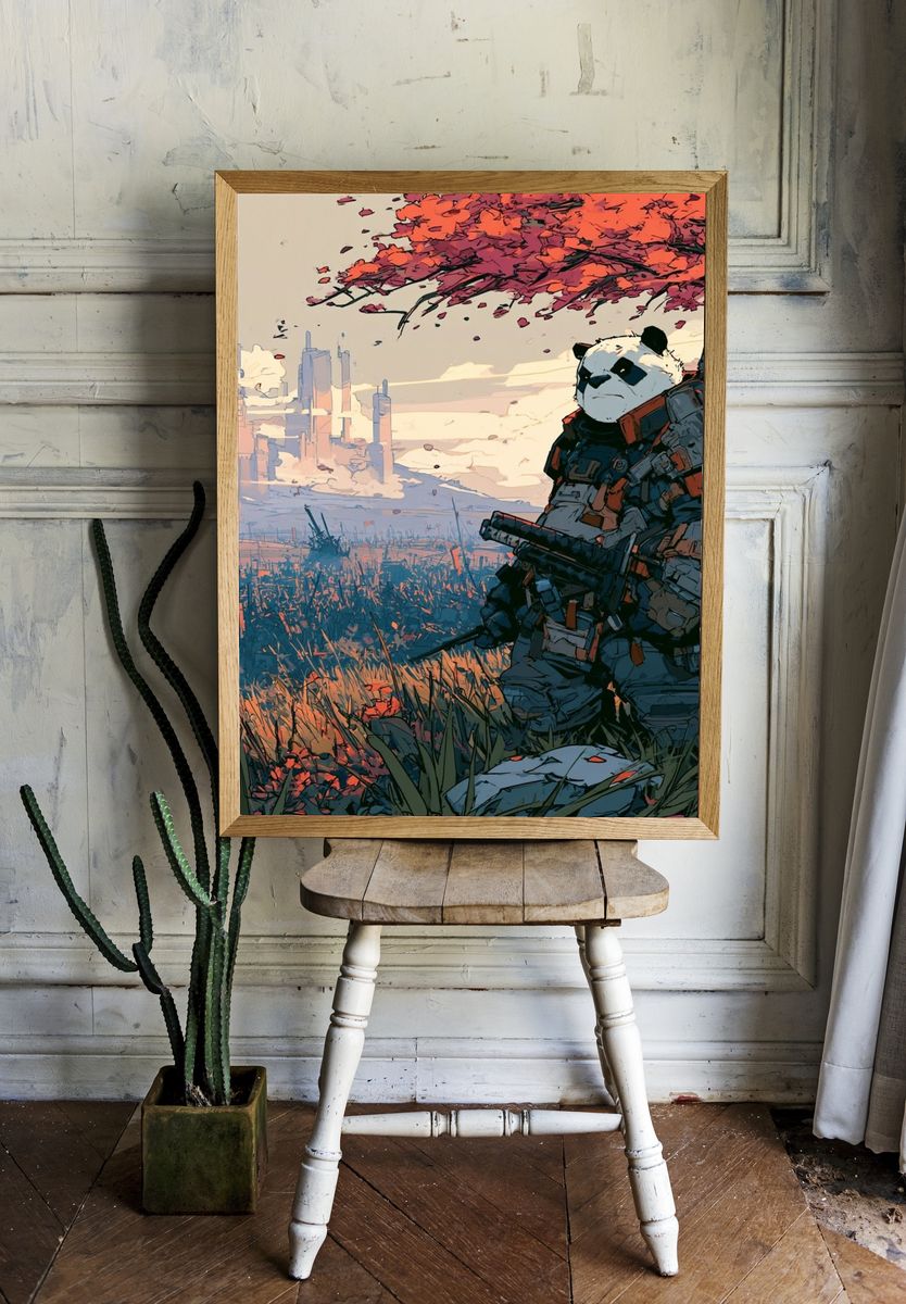 Panda Samurai Sci-Fi Illustration Poster. room preview