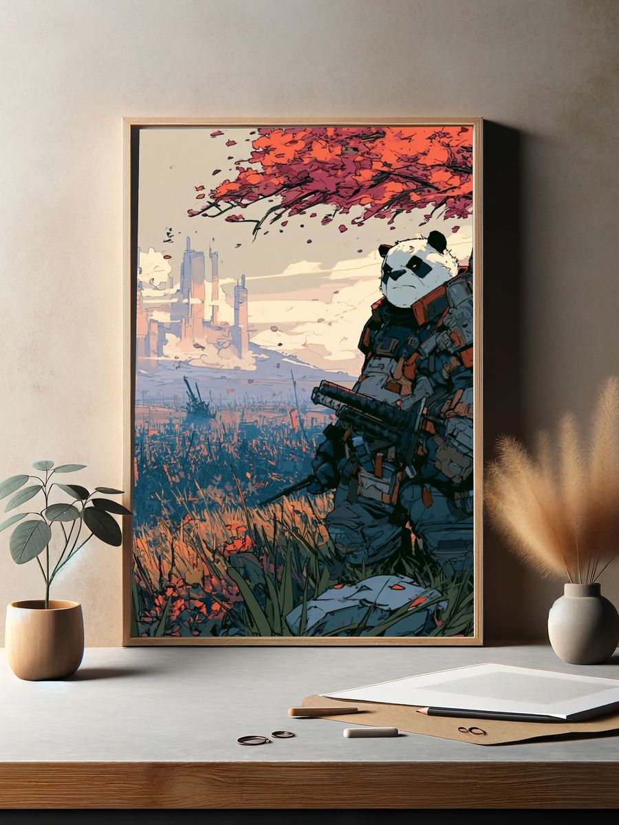Panda Samurai Sci-Fi Illustration Poster. — room view 2