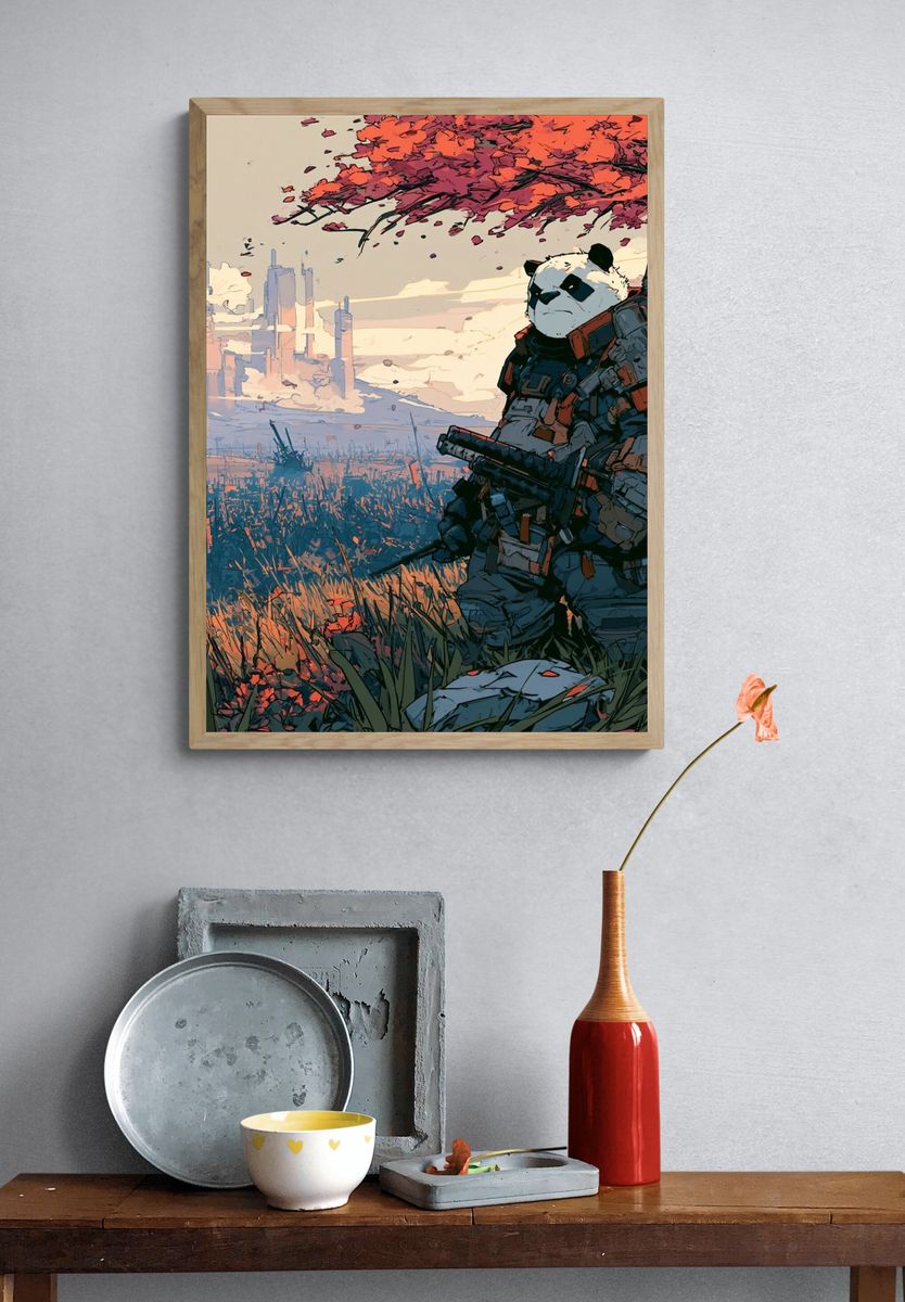 Panda Samurai Sci-Fi Illustration Poster. — room view 3