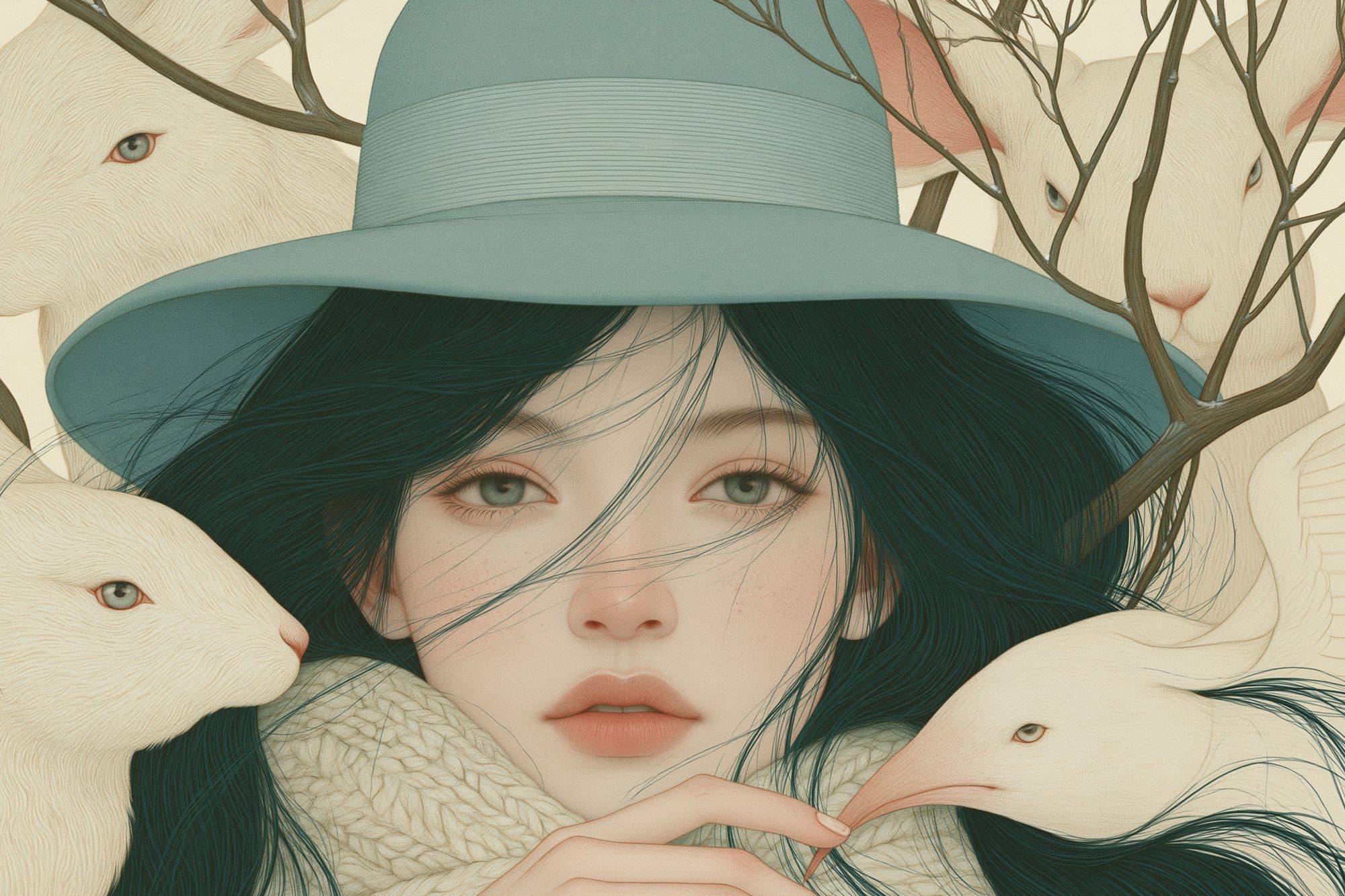 Dreamy Girl with Rabbits Illustration Poster. poster — illustration art
