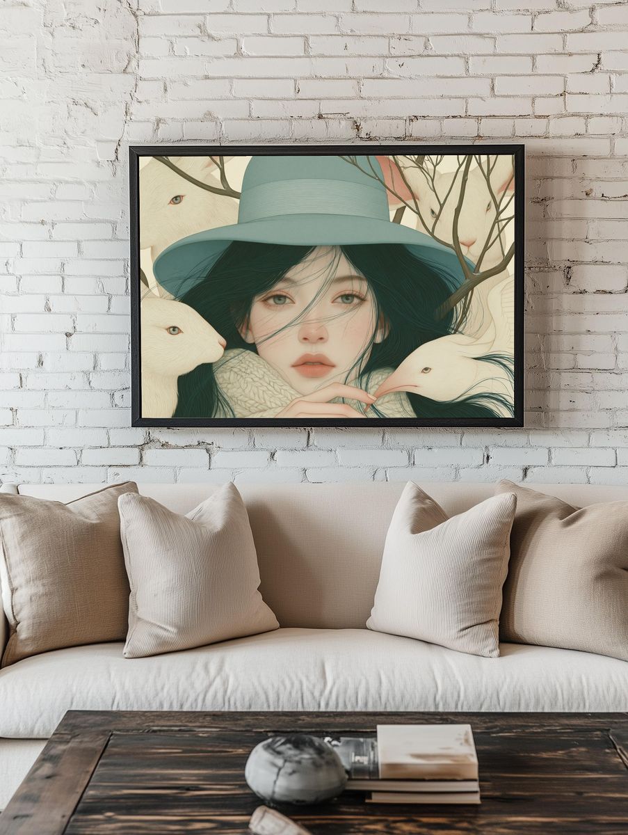 Dreamy Girl with Rabbits Illustration Poster. room preview