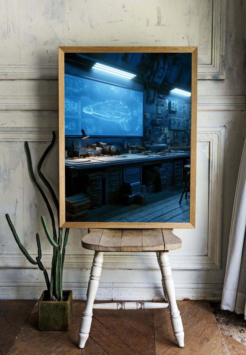 Futuristic Blueprint Workshop Print. — room view 1