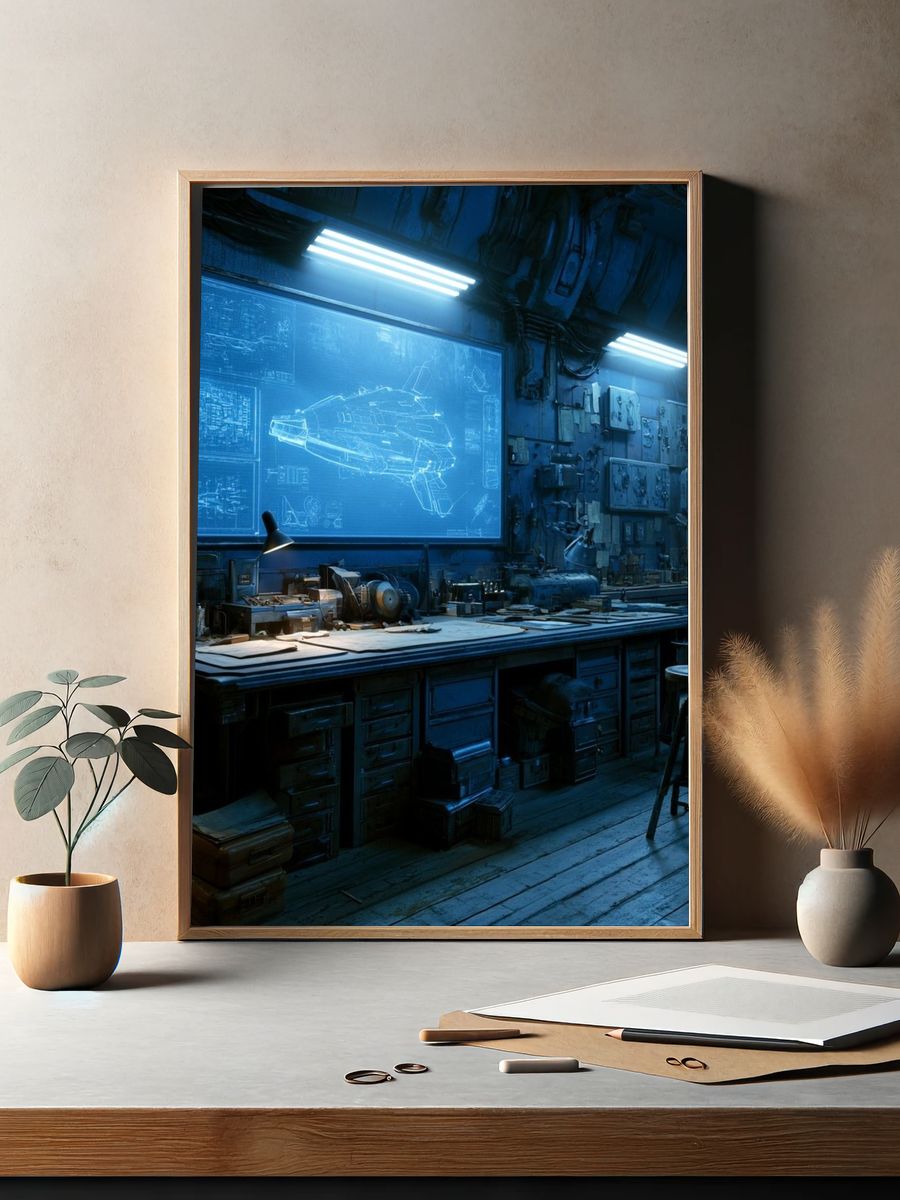 Futuristic Blueprint Workshop Print. — room view 2