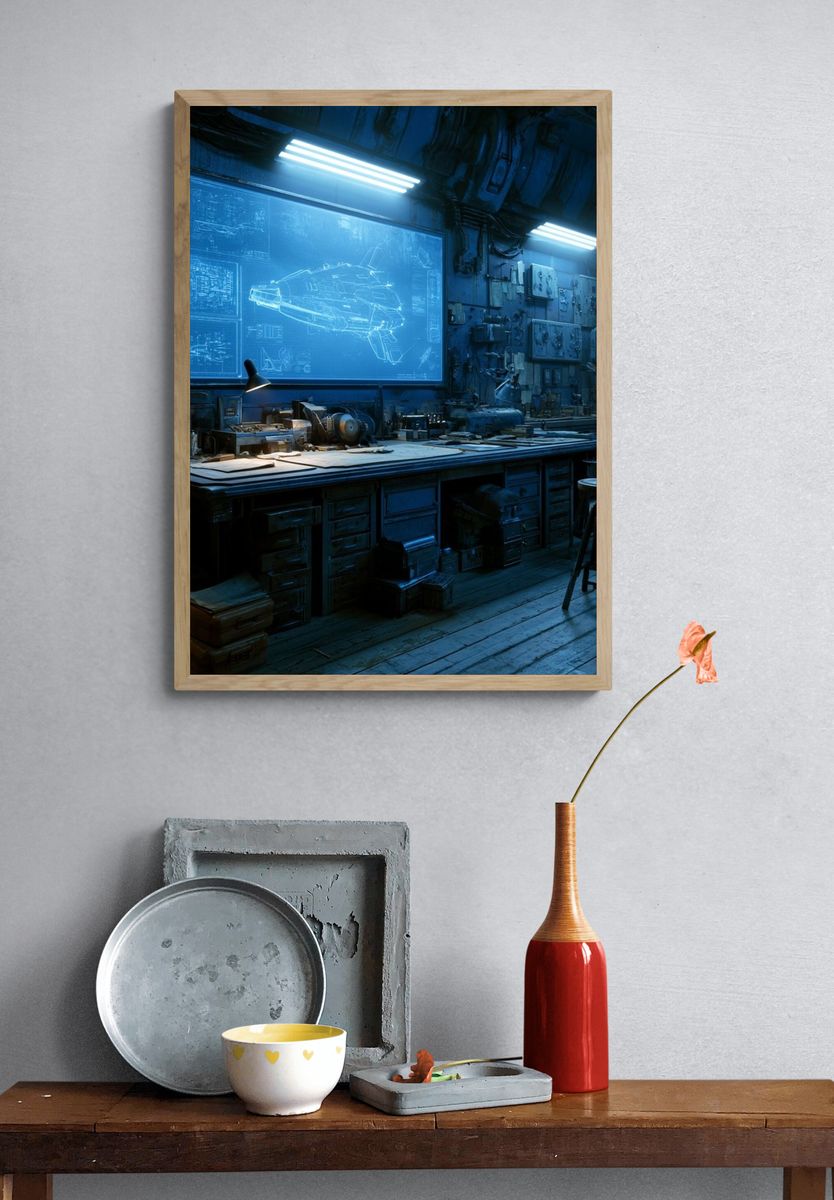 Futuristic Blueprint Workshop Print. — room view 3