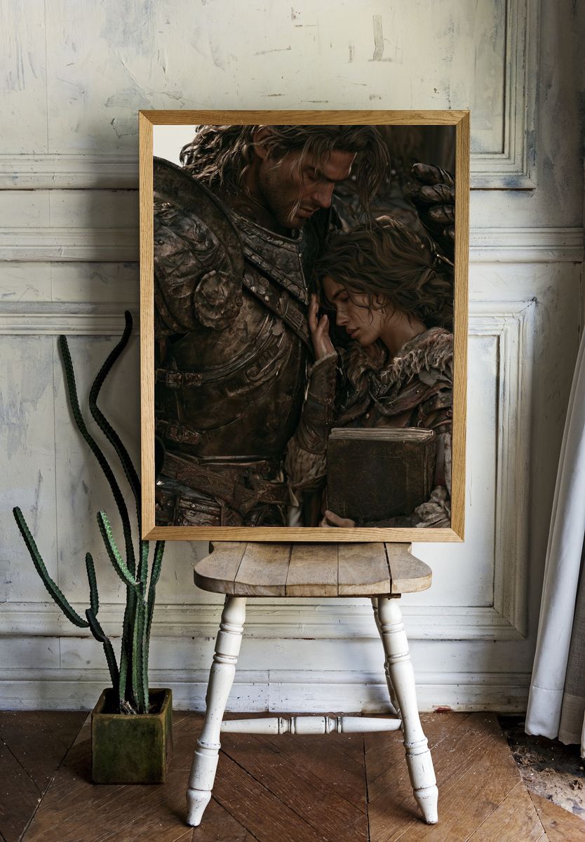 Fantasy Knight and Woman — Illustration Print. — room view 1