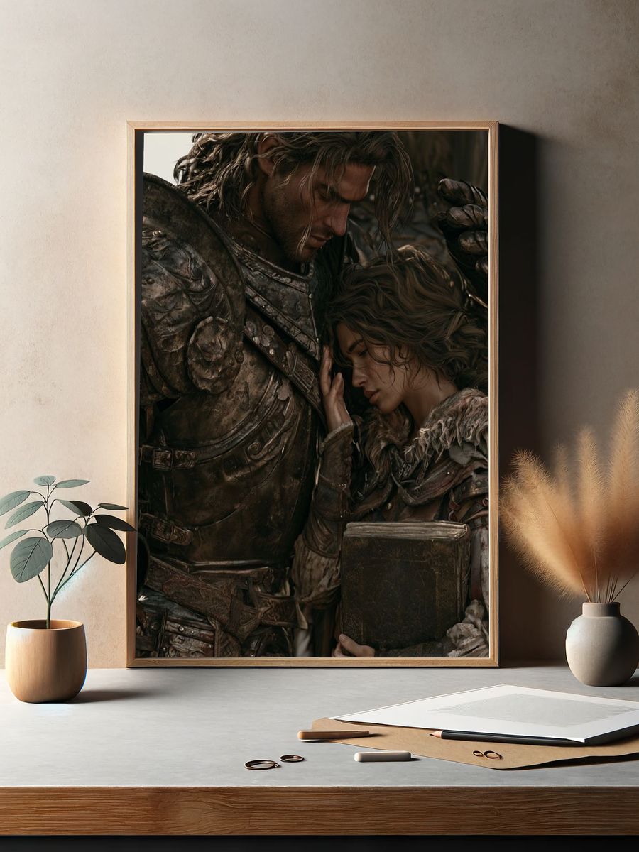 Fantasy Knight and Woman — Illustration Print. — room view 2