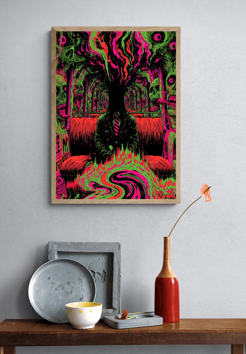 Neon Skull Train Surrealism Poster. — room view 3
