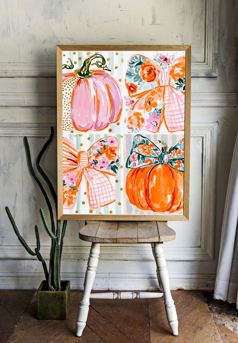 Pumpkin Bow Watercolor Illustration Poster. room preview