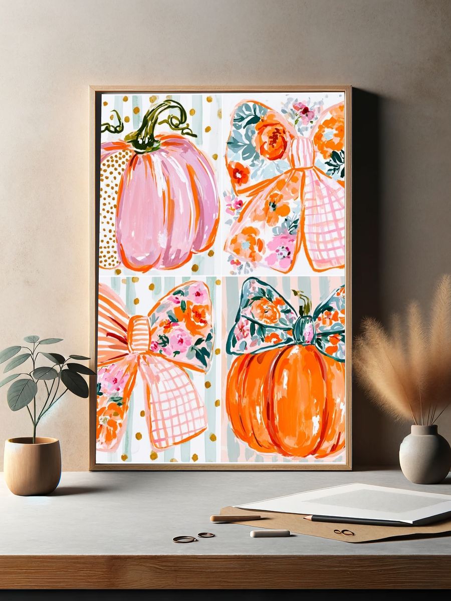 Pumpkin Bow Watercolor Illustration Poster. — room view 2