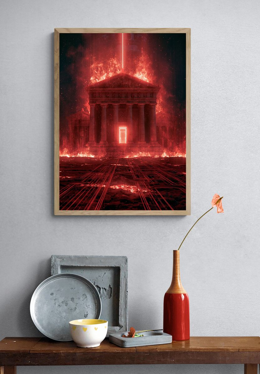 Burning Temple Digital Art Poster. — room view 3