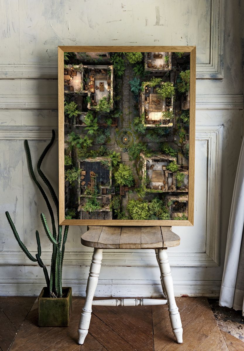 Overgrown Courtyard Ruins Illustration Poster. — room view 1