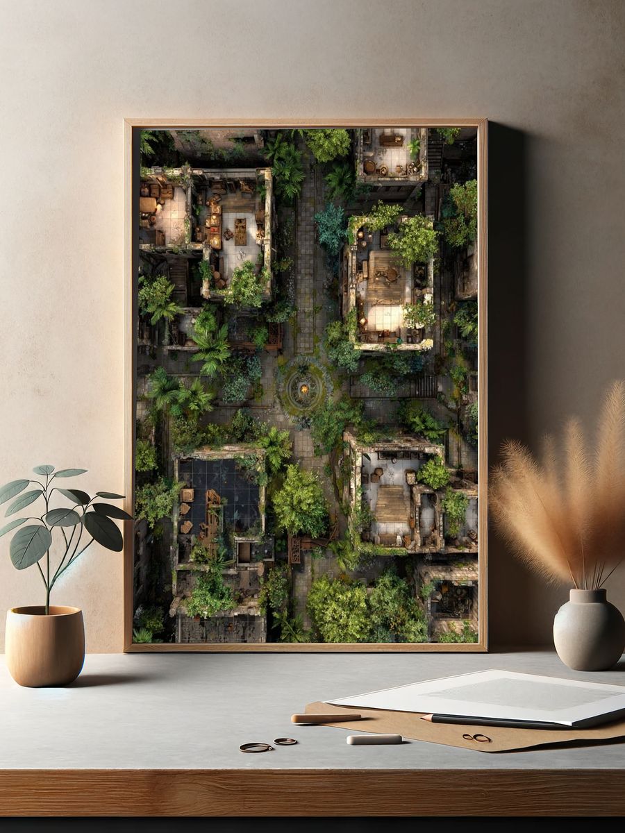 Overgrown Courtyard Ruins Illustration Poster. — room view 2