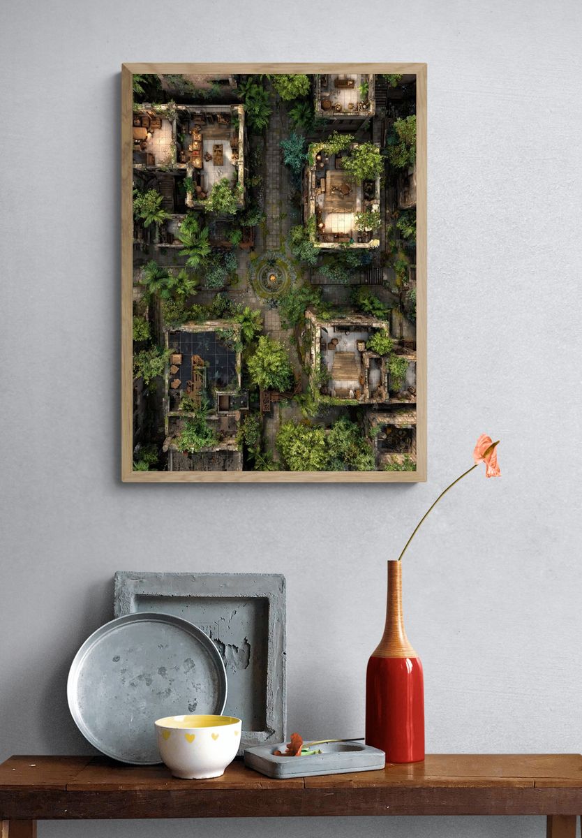 Overgrown Courtyard Ruins Illustration Poster. — room view 3