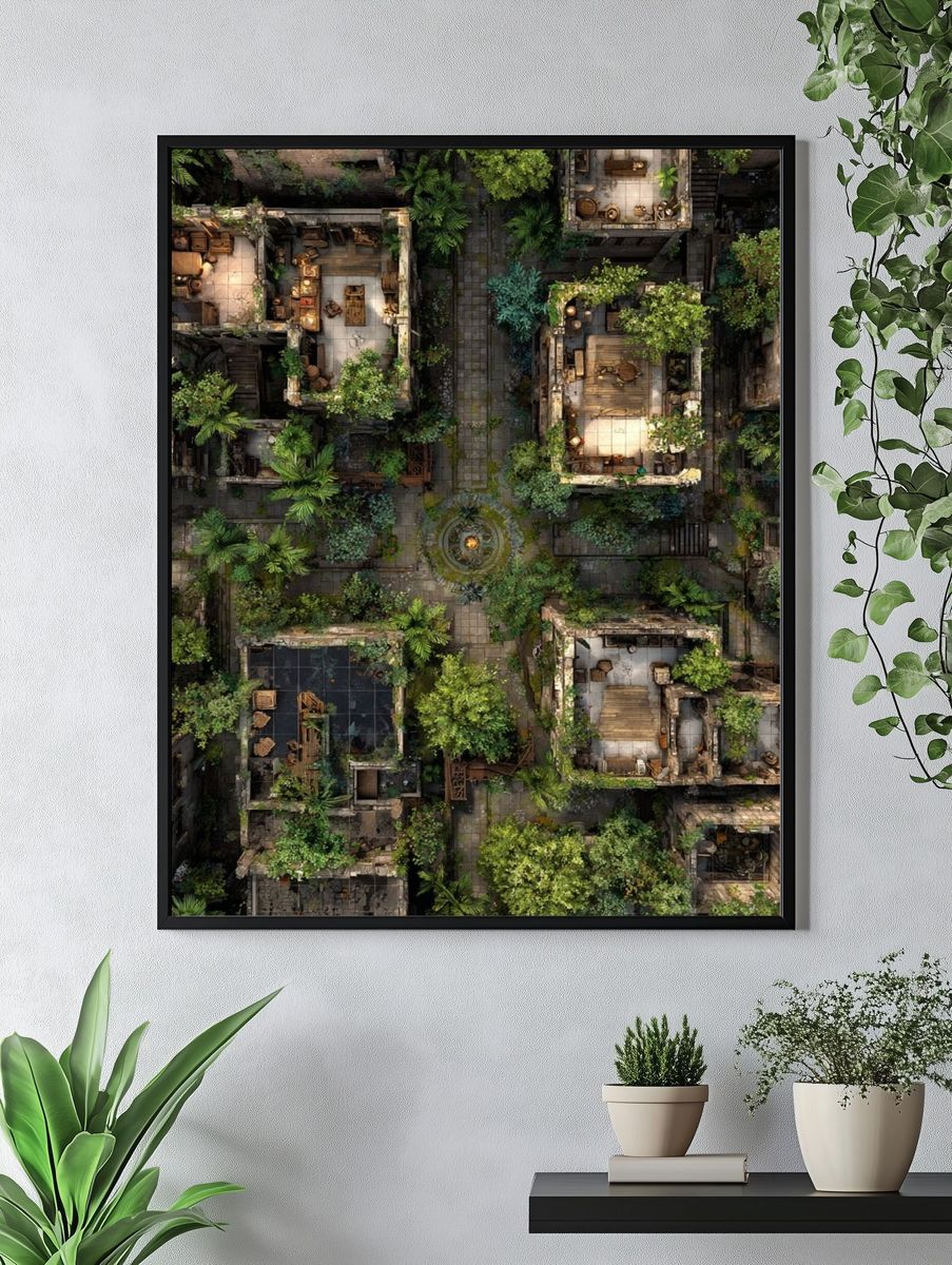Overgrown Courtyard Ruins Illustration Poster. — room view 4